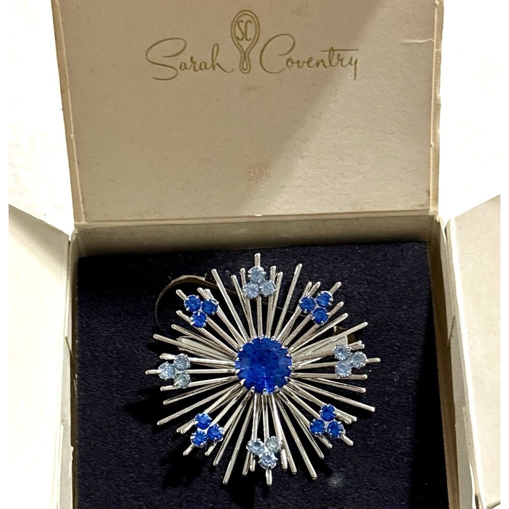 Vintage 1973 Sarah Coventry Blue Snowflake 6659 Brooch Rhinestone Pin Orig Box